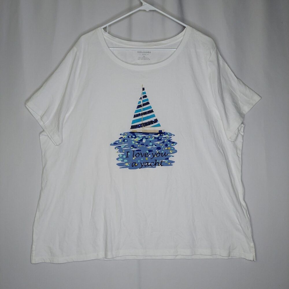 Talbots Graphic T-Shirt Womens 3X White Blue Sequin Yacht Love You Short Sleeve‎